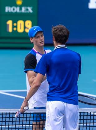 Jannik Sinner from Italy hits shakes hands with Daniil Medvedev after defeating him in one hour and nine minutes during the Miami Open men s semifinals at the Hard Rock Stadium in Miami Gardens, Florida on Friday, March 29, 2024. Sinner defeated Medvedev 6-1, 6-2 advancing to the Men s final. Photos By Gary I Rothstein UPI  MIA20240329122 GaryxIxRothstein