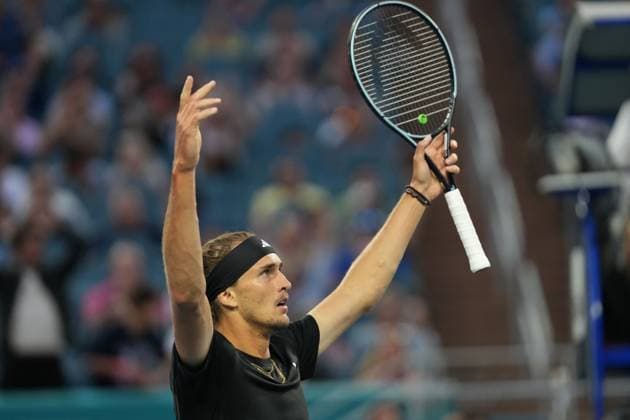MIAMI GARDENS, FL - MARCH 29: Alexander Zverev(GER) in action during the men™s singles semifinals of the Miami Open on March 29, 2024, at Hard Rock Stadium in Miami Gardens, FL. (Photo by Andrew Patron Icon Sportswire) TENNIS: MAR 29 Miami Open EDITORIAL USE ONLY Icon2403290713