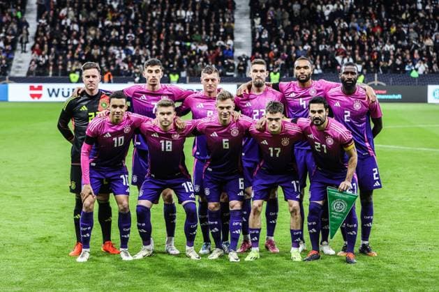 Sport, Football, National team Season 2023 24 UEFA international match Germany Netherlands 26 03 2024, Deutsche Bank Park Team photo Germany Back d1 Kai Havertz Germany, 7 Toni Kroos Germany, 8 Robert Andrich Germany, 23 Jonathan Tah Germany, 4 Antonio Rüdiger Germany, 2 Front Jamal Musiala Germany, 10 Maximilian Mittelstädt Germany, 18 Joshua Kimmich Germany, 6 Florian Wirtz Germany, 17 Ilkay Gündogan Germany, 21 Deutsche Bank Park DFB Campus Hessen Germany