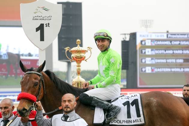Sport Themen der Woche KW13 Sport Bilder des Tages 30.03.2024, Dubai, VAE - Two Rivers Over with Edwin Maldonado up after winning the Godolphin Mile. Meydan racecourse. (Pferd, Jockey, Two Rivers Over, Maldonado, Sieg) 240330D517MEYDAN.JPG *** 30 03 2024, Dubai, UAE Two Rivers Over with Edwin Maldonado up after winning the Godolphin Mile Meydan racecourse Horse, Jockey, Two Rivers Over, Maldonado, Victory 240330D517MEYDAN JPG