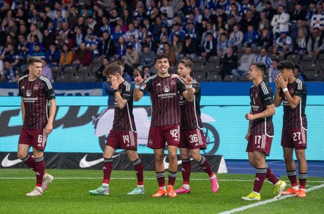 Soccer, Men, Season 2023 2024, 2 Bundesliga 27 Matchday , Hertha BSC 1 FC Nürnberg, f l Florian Flick 1 FC Nürnberg , Benjamin Goller 1 FC Nürnberg , Can Uzun 1 FC Nürnberg , Lukas Schleimer 1 FC Nürnberg , Jens Castrop 1 FC Nürnberg , Nathaniel Brown 1 FC Nürnberg , Cheering after goal to 0 1, 30 03 2024, Copyright: xSebastianxRäppold MatthiasxKochx