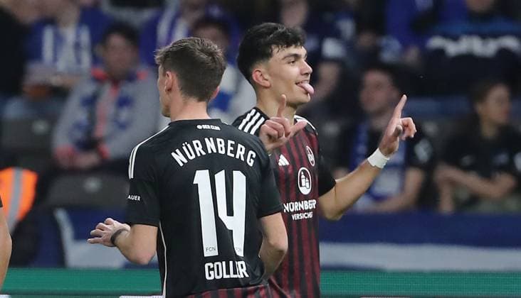 Benjamin Goller, Can Uzun cheers after 0 1 joy emotion jubilation Sport Football Soccer DFL 2 Bundesliga Men 27 Matchday Season 2023 2024 30 03 2024 Hertha BSC Berlin vs 1 FC Nürnberg FCN DFL regulations prohibit any use of photographs as image sequences and or quasi video