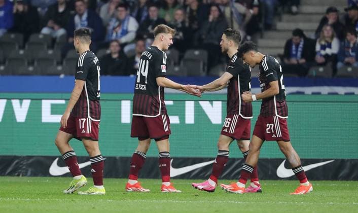 2 v r Lukas Schleimer cheers after 0 2 with Jens Castrop, Finn Jeltsch, Nathaniel Brown joy emotion jubilation sport soccer soccer DFL 2 Bundesliga men 27 matchday season 2023 2024 30 03 2024 Hertha BSC Berlin vs 1 FC Nürnberg FCN DFL regulations prohibit any use of photographs as image sequences and or quasi video