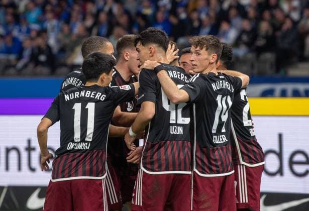 Football, Men, Season 2023 2024, 2 Bundesliga 27 Matchday , Hertha BSC 1 FC Nürnberg, f l Jan Gyamerah 1 FC Nürnberg , Kanji Okunuki 1 FC Nürnberg , Florian Flick 1 FC Nürnberg , Can Uzun 1 FC Nürnberg , Lukas Schleimer 1 FC Nürnberg , Benjamin Goller 1 FC Nürnberg , Nathaniel Brown 1 FC Nürnberg , Celebration after goal to 0 2, 30 03 2024, Copyright: xSebastianxRäppold MatthiasxKochx