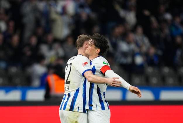 Germany, Berlin, 30 03 2024, Olympic Stadium, Hertha BSC vs 1 FC Nürnberg 2 Bundesliga, Marten Winkler Hertha Berlin celebrates the teams first goal Berlin Olympic Stadium Berlin Germany eu-images-659