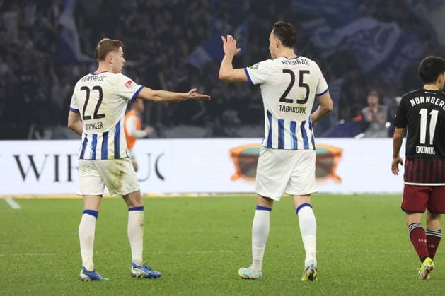 DEU, DFL, 2 FBL, Hertha BSC vs 1 FC Nuernberg, 30 03 2024, Berliner Olympiastadion, Berlin, DEU, DFL, 2 FBL, Hertha BSC vs 1 FC Nuernberg, im Bild nach dem 1 2 von Marten Winkler Hertha BSC Berlin 22 , Haris Tabakovic Hertha BSC Berlin 25 DFL regulations prohibit any use of Photographs as image sequences and or quasi video Foto Juergen Engler nordphoto GmbH nordphotoxGmbHx xEngler nph00076