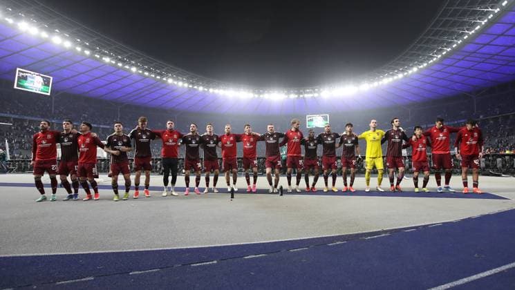 30 03 2024 Soccer Season 2023 2024 2 Soccer Bundesliga 27 Matchday Hertha BSC Berlin HBSC 1 FC Nürnberg FCN Club Sportfoto Zink DaMa xdaxmax DFL regulations prohibit any use of photographs as image sequences and or quasi video only for editorial use Team Team of FCN thanks Clubfan Clubfans FCN Fans Fans for the support in front of the guest block after the end of the match