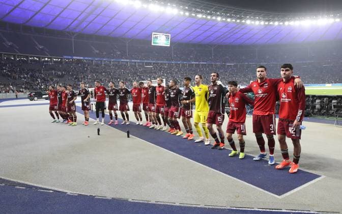 30 03 2024 Soccer Season 2023 2024 2 Soccer Bundesliga 27 Matchday Hertha BSC Berlin HBSC 1 FC Nürnberg FCN Club Sportfoto Zink DaMa xdaxmax DFL regulations prohibit any use of photographs as image sequences and or quasi video only for editorial use Team Team of FCN thanks Clubfan Clubfans FCN Fans Fans for the support in front of the guest block after the end of the match