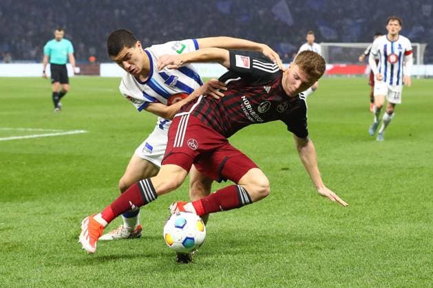 30 03 2024, xtgx, Soccer 2 Bundesliga, Hertha BSC Berlin 1 FC Nuernberg emspor, v l Ibrahim Maza Hertha, 30 , Finn Jeltsch Nuernberg, 44 duel, duel, fight, tackle DFL DFB REGULATIONS PROHIBIT ANY USE OF PHOTOGRAPHS as IMAGE SEQUENCES and or QUASI VIDEO Berlin