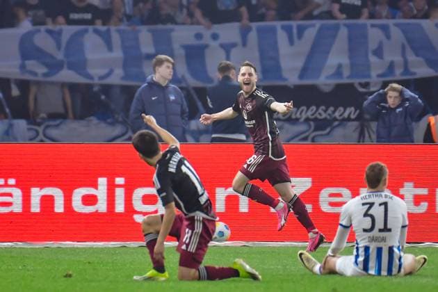 30 03 2024, xlakx, Fußball 2 Bundesliga, Hertha BSC 1 FC Nuernberg emspor, v l Lukas Schleimer 1 FC Nuenberg 36 ,Jubel nach dem 0 2 DFL DFB REGULATIONS PROHIBIT ANY USE OF PHOTOGRAPHS as IMAGE SEQUENCES and or QUASI VIDEO Berlin
