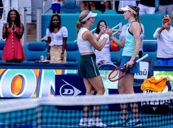 Danielle Collins (L) shakes hands with Elena Rybakina from Kazakhstan after defeating her in the Miami Open woman s finals at the Hard Rock Stadium in Miami Gardens, Florida on Saturday, March 30, 2024. Collins defeated Rybakina 7-5, 6-3. Photos By Gary I Rothstein UPI  MIA20240330105 GaryxIxRothstein