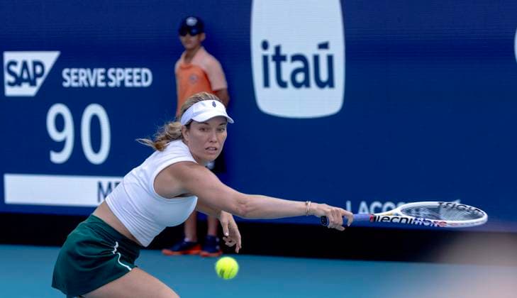 Danielle Collins from the USA hits a backhand shot to Elena Rybakina from Kazakhstan in the Miami Open woman s finals at the Hard Rock Stadium in Miami Gardens, Florida on Saturday, March 30, 2024. Collins defeated Rybakina 7-5, 6-3. Photos By Gary I Rothstein UPI  MIA20240330114 GaryxIxRothstein