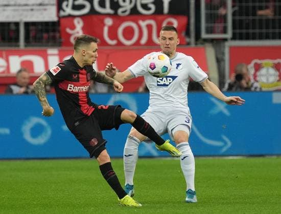 GER, 1 FBL, Bayer Leverkusen vs TSG Hoffenheim 30 03 2024, BayArena, Leverkusen, GER, 1 FBL, Bayer Leverkusen vs TSG Hoffenheim , DFL regulations prohibit any use of photographs as image sequences and or quasi video in picture Alejandro Grimaldo Leverkusen , Pavel Kaderabek Hoffenheim Leverkusen BayArena Germany ,EDITORIAL USE ONLY