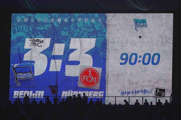 30 03 2024, xtgx, Soccer 2 Bundesliga, Hertha BSC Berlin 1 FC Nuernberg emspor, v l final score 3 3, scoreboard, display, end DFL DFB REGULATIONS PROHIBIT ANY USE OF PHOTOGRAPHS as IMAGE SEQUENCES and or QUASI VIDEO Berlin