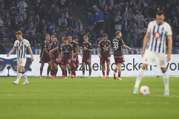 30 03 2024, xtgx, Soccer 2 Bundesliga, Hertha BSC Berlin 1 FC Nuernberg emspor, v l jubilation after the 0 2 by Lukas Schleimer Nuernberg, 36 DFL DFB REGULATIONS PROHIBIT ANY USE OF PHOTOGRAPHS as IMAGE SEQUENCES and or QUASI VIDEO Berlin