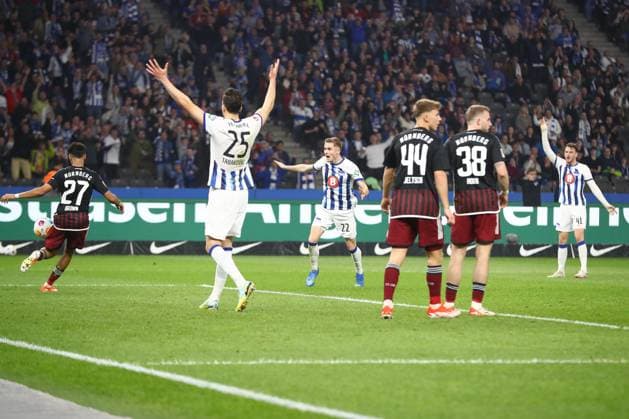 30 03 2024, xtgx, Soccer 2 Bundesliga, Hertha BSC Berlin 1 FC Nuernberg emspor, v l jubilation after the 1 2 by Marten Winkler Hertha, 22 DFL DFB REGULATIONS PROHIBIT ANY USE OF PHOTOGRAPHS as IMAGE SEQUENCES and or QUASI VIDEO Berlin