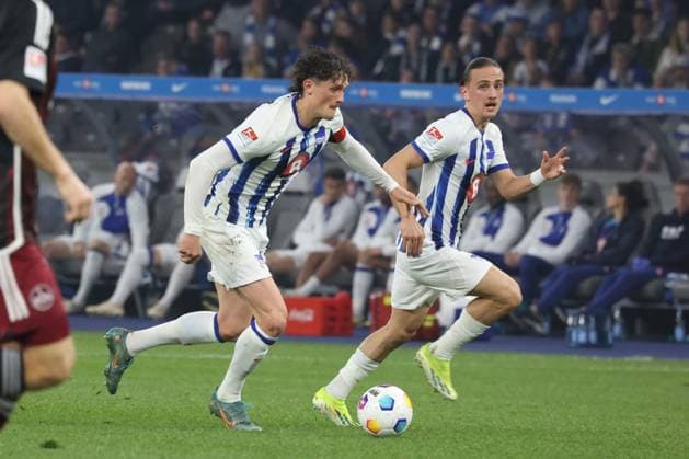 DEU, DFL, 2 FBL, Hertha BSC vs 1 FC Nuernberg, 30 03 2024, Berliner Olympiastadion, Berlin, DEU, DFL, 2 FBL, Hertha BSC vs 1 FC Nuernberg, im Bild Fabian Reese Hertha BSC Berlin 11 , Michal Karbownik Hertha BSC Berlin 6 DFL regulations prohibit any use of Photographs as image sequences and or quasi video Foto Juergen Engler nordphoto GmbH nordphotoxGmbHx xEngler nph00076