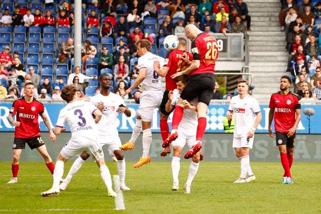 31 03 2024, xavx, Fussball 2 Bundesliga, SV Wehen Wiesbaden VfL Osnabrück emspor, v l Aleksandar Vukotic SV Wehen Wiesbaden Goal scored, scored the goal to equalize 1 1 Goal did not count DFL DFB REGULATIONS PROHIBIT ANY USE OF PHOTOGRAPHS as IMAGE SEQUENCES and or QUASI VIDEO Wiesbaden