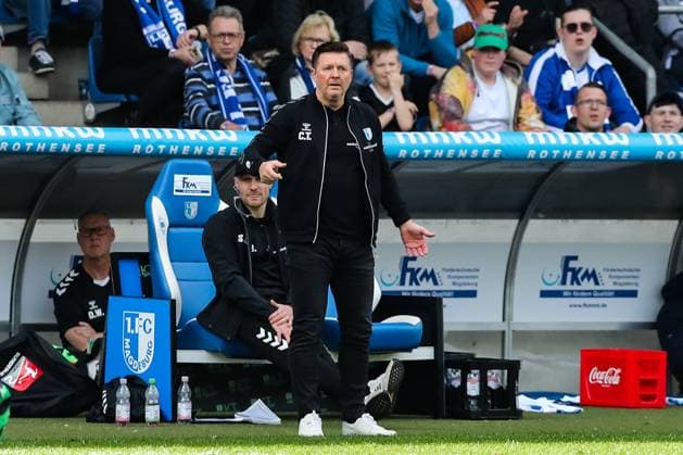Coach Christian Titz 1 FC Magdeburg 2 Soccer Bundesliga Season 2023 2024 1 FC Magdeburg vs Hannover 96 at the MDCC Arena in Magdeburg Soccer,Man,Men,Germany,31 03 2024
