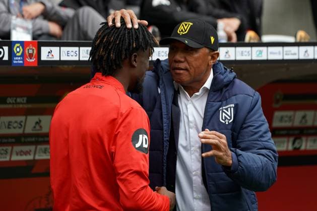 Antoine Kambouare (entraineur de FC Nantes) - Evann Guesssand (OGC Nice) FOOTBALL : OGC Nice vs FC Nantes- Ligue 1 Uber Eats - Nice - 31 03 2024 NorbertScanella Panoramic 