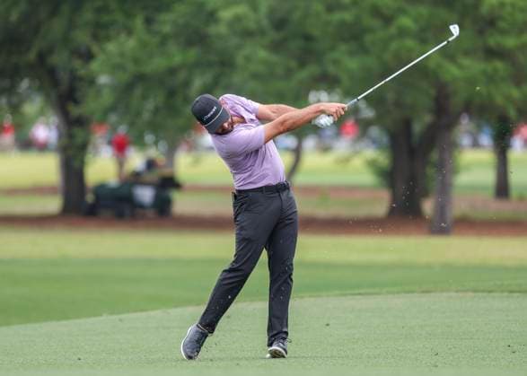 HOUSTON, TX - MARCH 31: Stephan Jaeger (GER) hits his approach on during the final round of the PGA, Golf Herren Texas Children™s Houston Open at Memorial Park Golf Course on March 31, 2024 in Houston, Texas. (Photo by Leslie Plaza Johnson Icon Sportswire) GOLF: MAR 31 PGA Texas Children s Houston Open EDITORIAL USE ONLY Icon240331092