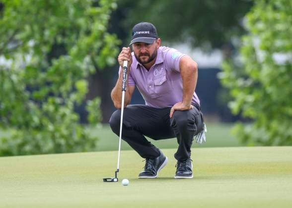 HOUSTON, TX - MARCH 31: Stephan Jaeger (GER) studies his putt on 1 green during the final round of the PGA, Golf Herren Texas Children™s Houston Open at Memorial Park Golf Course on March 31, 2024 in Houston, Texas. (Photo by Leslie Plaza Johnson Icon Sportswire) GOLF: MAR 31 PGA Texas Children s Houston Open EDITORIAL USE ONLY Icon240331104