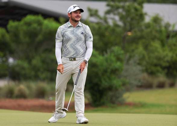 HOUSTON, TX - MARCH 31: Alejandro Tosti (ARG) reacts after hitting his putt on 9 green during the final round of the PGA, Golf Herren Texas Children™s Houston Open at Memorial Park Golf Course on March 31, 2024 in Houston, Texas. (Photo by Leslie Plaza Johnson Icon Sportswire) GOLF: MAR 31 PGA Texas Children s Houston Open EDITORIAL USE ONLY Icon240331121