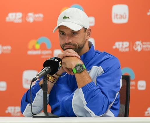 MIAMI GARDENS, FL - MARCH 31: Grigor Dimitrov (BUL) talks to the media after losing in the men™s singles final of the Miami Open on March, 31, 2024, at Hard Rock Stadium in Miami Gardens, FL. (Photo by Andrew Patron Icon Sportswire) TENNIS: MAR 31 Miami Open EDITORIAL USE ONLY Icon2403310976