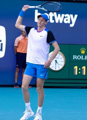 Jinnik Sinner from Italy celebrates after defeating Grigor Dimitrov from Bulgaria in the Miami Open man s finals at the Hard Rock Stadium in Miami Gardens, Florida on Sunday, March 31, 2024. Sinner defeated Dimitrov 6-3, 6-1.Photos By Gary I Rothstein UPI  MIA20240331101 GaryxIxRothstein