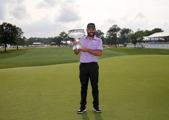 HOUSTON, TX - MARCH 31: Stephan Jaeger (GER) poses with winner™s trophy during the final round of the PGA, Golf Herren Texas Children™s Houston Open at Memorial Park Golf Course on March 31, 2024 in Houston, Texas. (Photo by Leslie Plaza Johnson Icon Sportswire) GOLF: MAR 31 PGA Texas Children s Houston Open EDITORIAL USE ONLY Icon240331139