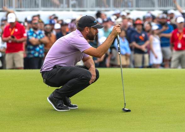 HOUSTON, TX - MARCH 31: Stephan Jaeger (GER) studies his putt on 18 green during the final round of the PGA, Golf Herren Texas Children™s Houston Open at Memorial Park Golf Course on March 31, 2024 in Houston, Texas. (Photo by Leslie Plaza Johnson Icon Sportswire) GOLF: MAR 31 PGA Texas Children s Houston Open EDITORIAL USE ONLY Icon240331146