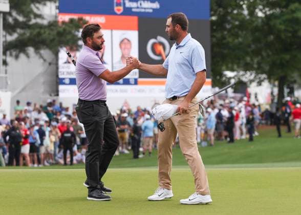HOUSTON, TX - MARCH 31: (left to right) Stephan Jaeger (GER) is congratulated by Scottie Scheffler (USA) after wining the tournament during the final round of the PGA, Golf Herren Texas Children™s Houston Open at Memorial Park Golf Course on March 31, 2024 in Houston, Texas. (Photo by Leslie Plaza Johnson Icon Sportswire) GOLF: MAR 31 PGA Texas Children s Houston Open EDITORIAL USE ONLY Icon240331150