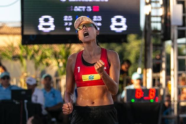 (240401) -- SAQUAREMA, April 1, 2024 -- Xue Chen celebrates during the women s final between Xue Chen Xia Xinyi of China and Laura Ludwig Louisa Lippmann of Germany at the World Beach volleyball, Beachvolleyball Pro Tour Challenge 2024 in Saquarema, Brazil, March 31, 2024. (Photo by Xinhua) (SP)BRAZIL-SAQUAREMA-BEACH VOLLEYBALL-WORLD PRO TOUR CHALLENGE 2024 ClaudiaxMartini 