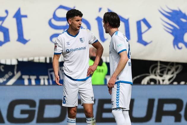 Daniel Elfadli l ,1 FC Magdeburg,6 with Jean Hugonet 1 FC Magdeburg,24 2 Soccer Bundesliga Season 2023 2024 1 FC Magdeburg vs Hannover 96 at the MDCC Arena in Magdeburg Action,Soccer,Man,Men,Germany,31 03 2024