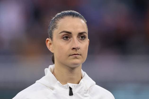 Lyon, France, 27th March 2024. Sara Dabritz of Lyon during the line up prior to the UEFA Womens Champions League match at OL Stadium, Lyon. Picture credit should read: Jonathan Moscrop Sportimage EDITORIAL USE ONLY. No use with unauthorised audio, video, data, fixture lists, club league logos or live services. Online in-match use limited to 120 images, no video emulation. No use in betting, games or single club league player publications. SPI-3032-0086