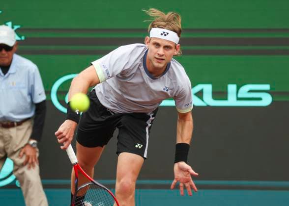 HOUSTON, TX - APRIL 01: Zizou Bergs (BEL) watches his serve during the US Clay Court Championship at River Oaks Country Club on April 1, 2024 in Houston, Texas. (Photo by Leslie Plaza Johnson Icon Sportswire) TENNIS: APR 01 US Clay Court Championships EDITORIAL USE ONLY Icon240401047