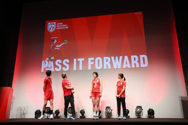 (L-R) Akihiro Yamauchi, Yuji Nishida, Sarina Koga, Nanami Seki, APRIL 2, 2024 - Volleyball : Japan Volleyball Association event of annoucement new brand and concept in Tokyo, Japan. Noxthirdxpartyxsales  (248901040)