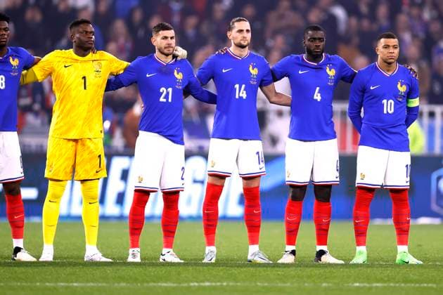 SAMBA Brice Goalkeeper Team France with his team v l HERNANDEZ, RABIOT, UPAMECANO and MBAPPE Laenderspiel Frankreich Deutschland 0 2 am 23 03 2024 in Lyon DFL REGULATIONS PROHIBIT ANY USE OF PHOTOGRAPHS as IMAGE SEQUENCES and or QUASI VIDEO Copyright: xLacixPerenyix