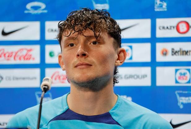 Fabian Reese, Germany, Berlin, Sportpark, GER, 2 FBL, Hertha BSC, 2023 24 season, press conference before the away game at SC Paderborn