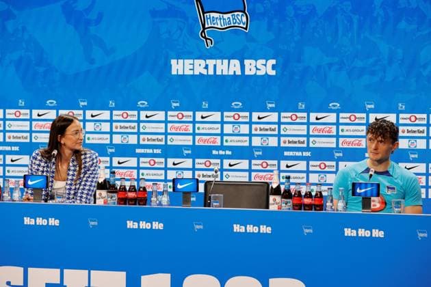 Vera Krings, Press officer, Fabian Reese, Germany, Berlin, Sportpark, GER, 2 FBL, Hertha BSC, Season 2023 24, Press conference before the away match at SC Paderborn
