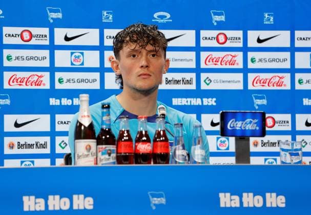 Fabian Reese, Germany, Berlin, Sportpark, GER, 2 FBL, Hertha BSC, 2023 24 season, press conference before the away game at SC Paderborn