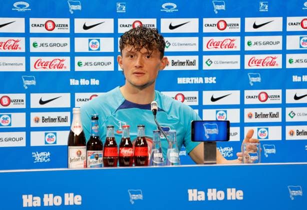 Fabian Reese, Germany, Berlin, Sportpark, GER, 2 FBL, Hertha BSC, 2023 24 season, press conference before the away game at SC Paderborn