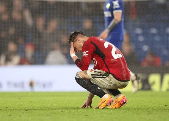 Antony (MU) dejection at the Chelsea v Manchester United, ManU EPL match, at Stamford Bridge, London, UK on 4th April, 2024. 