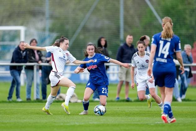 v li Rebekka Salfelder FCN, 15 , Janna Grimm TSG, 23 , Emma Kusch FCN, 9 , Lisa Doorn TSG, 14 , duel, duel, tackle, tackling, dynamics, action, action, 05 04 2024, Sankt Leon Rot Germany , Football, Women, Test match, TSG 1899 Hoffenheim 1 FC Nuremberg, 05 04 2024, Sankt Leon Rot Germany , Football, Women, Test match, TSG 1899 Hoffenheim 1 FC Nuremberg, DFB DFL REGULATIONS PROHIBIT ANY USE OF PHOTOGRAPHS AS IMAGE SEQUENCES AND OR QUASI VIDEO xozx