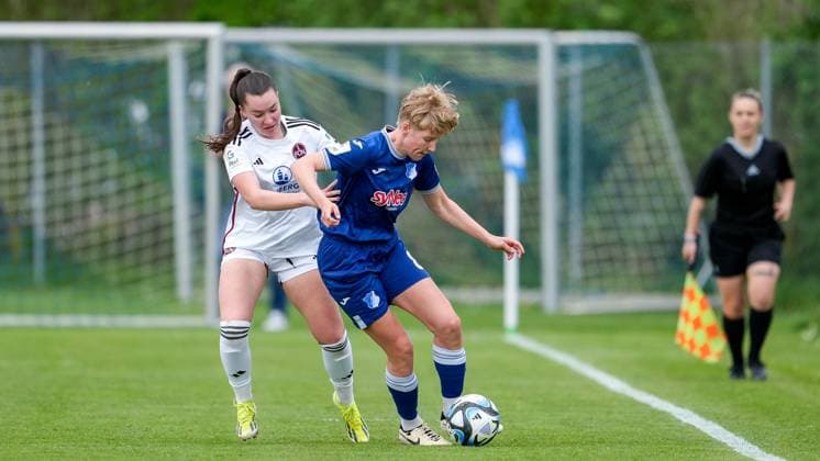 v li Weronika Kaczor FCN, 10 , Paulina Krumbiegel TSG, 8 , duel, duel, tackle, tackling, dynamic, action, action, 05 04 2024, Sankt Leon Rot Germany , Football, Women, Test match, TSG 1899 Hoffenheim 1 FC Nürnberg, 05 04 2024, Sankt Leon Rot Germany , Football, Women, Test match, TSG 1899 Hoffenheim 1 FC Nürnberg, DFB DFL REGULATIONS PROHIBIT ANY USE OF PHOTOGRAPHS AS IMAGE SEQUENCES AND OR QUASI VIDEO xozx