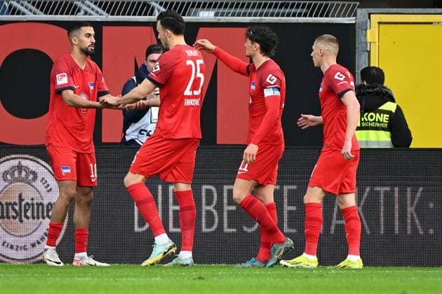 Paderborn, Home Deluxe Arena, 05 04 24, GER, Herren, 2 Bundesliga, Saison 2023 2024, SC Paderborn 07 Hertha BSC Berlin Bild Aymen BARKOK Hertha BSC jubilates after his goal to 1 1 Only for editorial use DFL regulations prohibit any use of photographs as image sequences and or quasi video NRW Germany