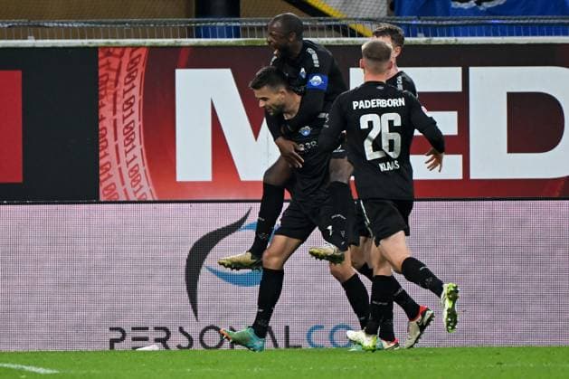 Paderborn, Home Deluxe Arena, 05 04 24, GER, Herren, 2 Bundesliga, Saison 2023 2024, SC Paderborn 07 Hertha BSC Berlin Bild Visar MUSLIU Paderborn jubilates after his goal to 2 1 Only for editorial use DFL regulations prohibit any use of photographs as image sequences and or quasi video NRW Germany