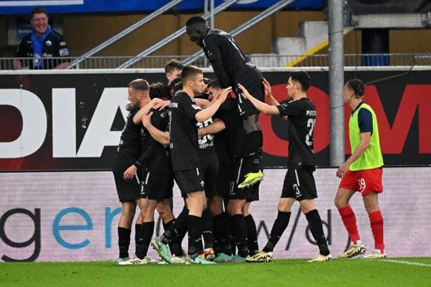 Paderborn, Home Deluxe Arena, 05 04 24, GER, Herren, 2 Bundesliga, Saison 2023 2024, SC Paderborn 07 Hertha BSC Berlin Bild Visar MUSLIU Paderborn jubilates after his goal to 2 1 Only for editorial use DFL regulations prohibit any use of photographs as image sequences and or quasi video NRW Germany