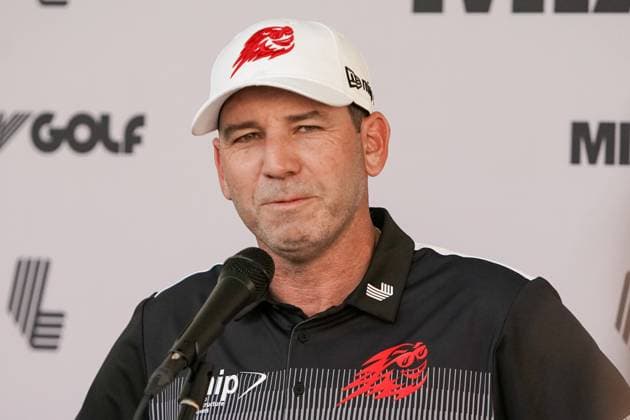 April 5, 2024, Doral, Florida, USA: Sergio Garcia of Fireballs speaks to the media after the first round of LIV Golf Miami at Trump National Doral. Doral USA - ZUMAw109 20240405_fap_w109_034 Copyright: xDebbyxWongx