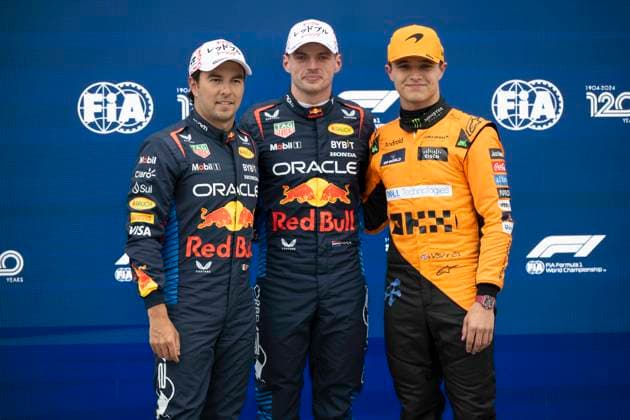 April 6, 2024, Suzuka, Mie, Japan: SERGIO PEREZ (MEX) of Oracle Red Bull Racing 11, MAX VERSTAPPEN (NED) of Oracle Red Bull Racing 1 and LANDO NORRIS (GBR) of McLaren 4 in Parc Femme after Max Verstappen qualified on pole on Qualifying day of the 2024 Formula 1 Japanese Grand Prix. Suzuka Japan - ZUMAb177 20240406_aap_b177_023 Copyright: xTaidghxBarronx